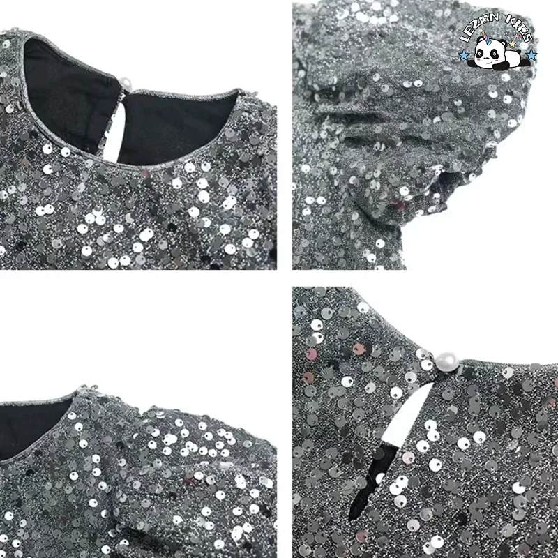 LEZONKIDS - 2024 New Fashion Spring and Summer Puff Sleeve Girl Dress Gray Sequined Girl Dress Zipper Girl Dress